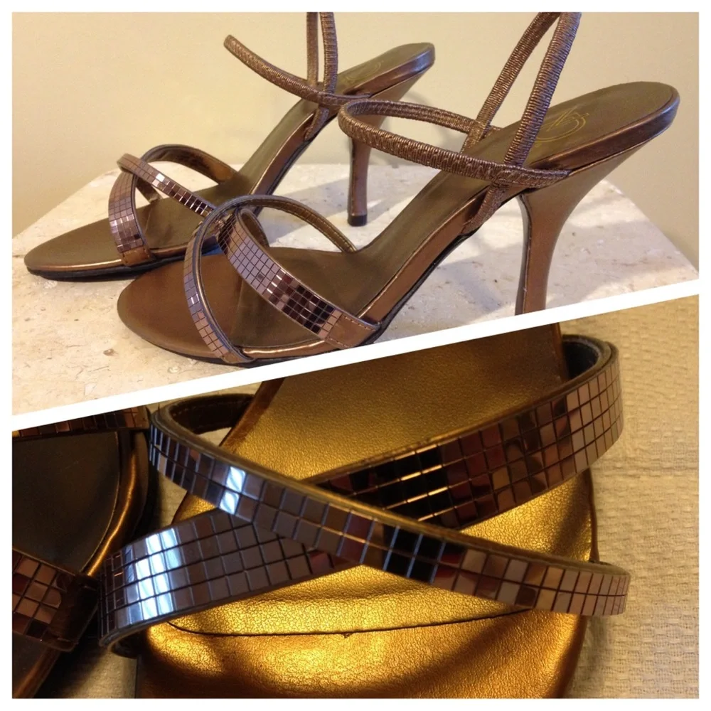 Metallic Bronze Heels Strappy Stiletto Party Sandals Shimmer Elastic Size 6.5M